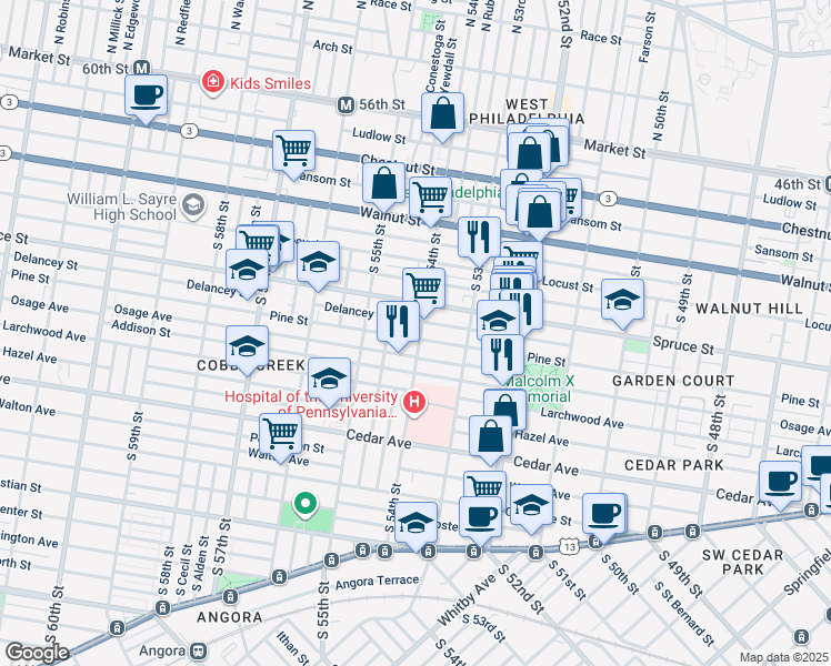 map of restaurants, bars, coffee shops, grocery stores, and more near 5403 Pine Street in Philadelphia