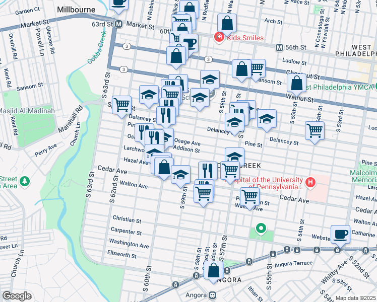 map of restaurants, bars, coffee shops, grocery stores, and more near 5852 Addison Street in Philadelphia
