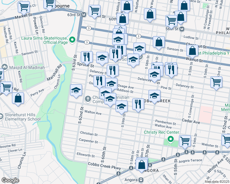 map of restaurants, bars, coffee shops, grocery stores, and more near 5935 Larchwood Avenue in Philadelphia