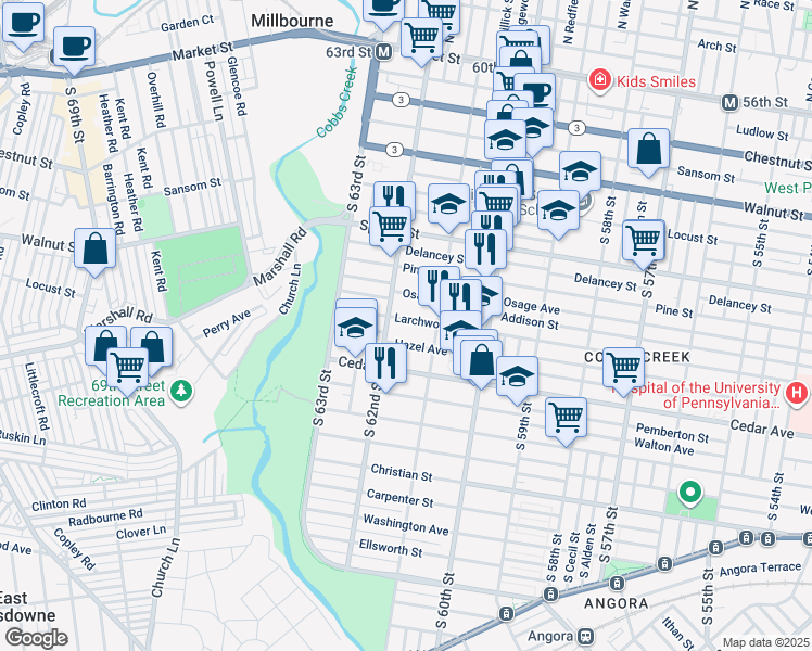 map of restaurants, bars, coffee shops, grocery stores, and more near 6138 Larchwood Avenue in Philadelphia