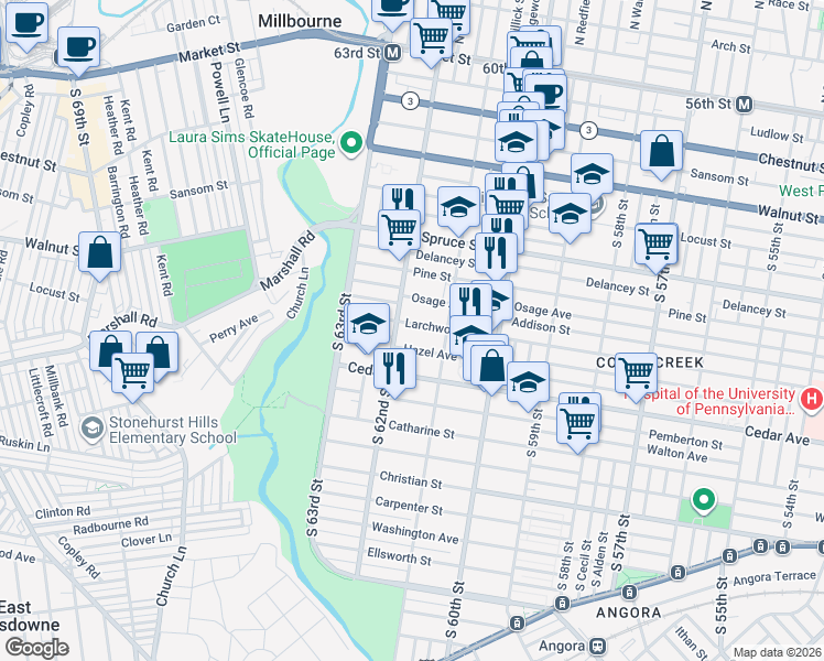 map of restaurants, bars, coffee shops, grocery stores, and more near 517R South 62nd Street in Philadelphia