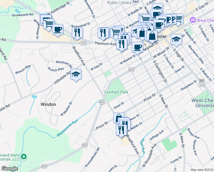 map of restaurants, bars, coffee shops, grocery stores, and more near 611 Hoopes Alley in West Chester