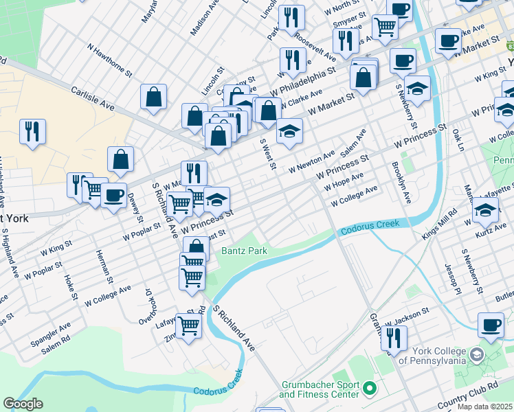 map of restaurants, bars, coffee shops, grocery stores, and more near 655 West Locust Street in York