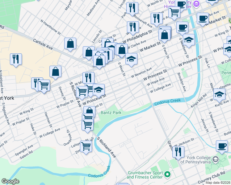 map of restaurants, bars, coffee shops, grocery stores, and more near 655 West Locust Street in York