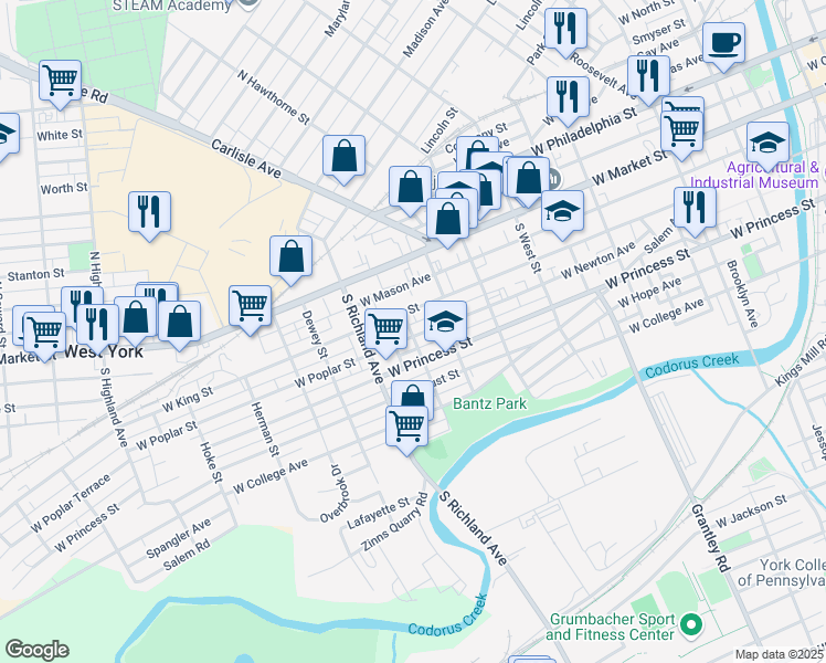 map of restaurants, bars, coffee shops, grocery stores, and more near 915 West Poplar Street in York