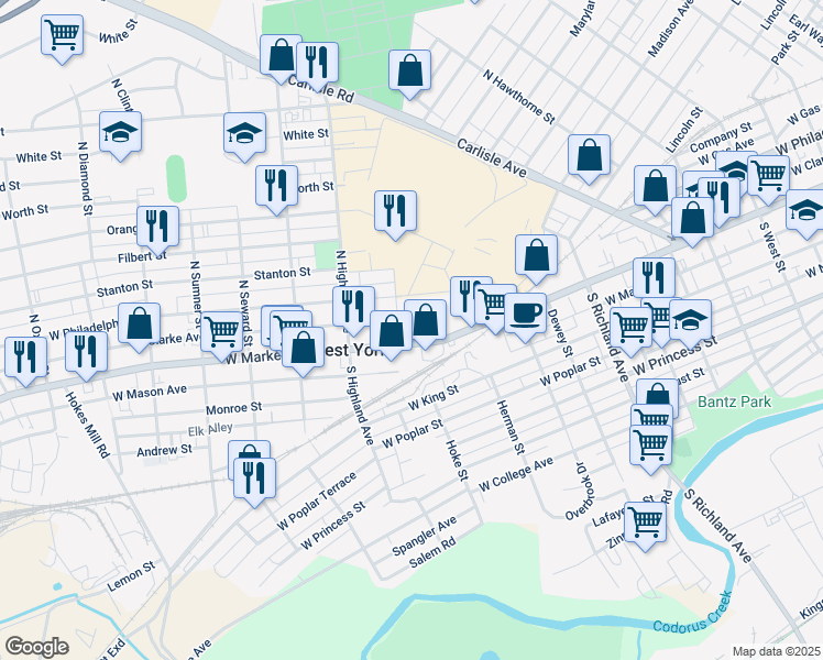 map of restaurants, bars, coffee shops, grocery stores, and more near 1263 West Market Street in West York