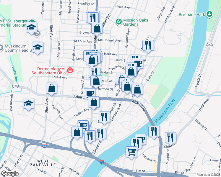 map of restaurants, bars, coffee shops, grocery stores, and more near 414 Thurman Street in Zanesville