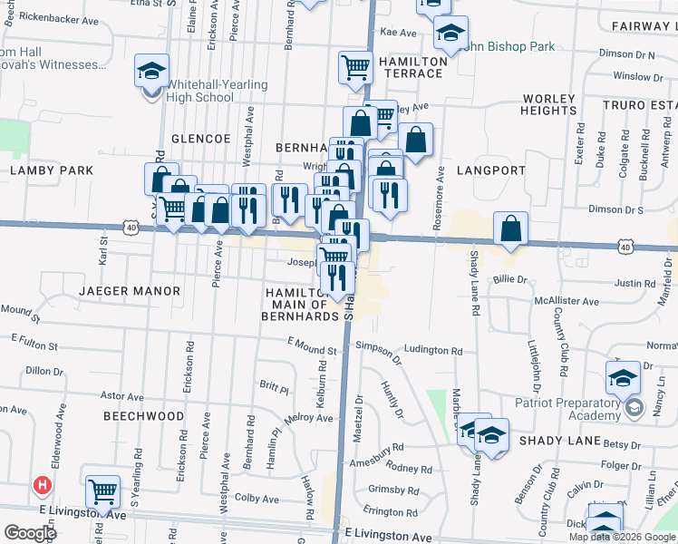 map of restaurants, bars, coffee shops, grocery stores, and more near 1085 South Hamilton Road in Columbus