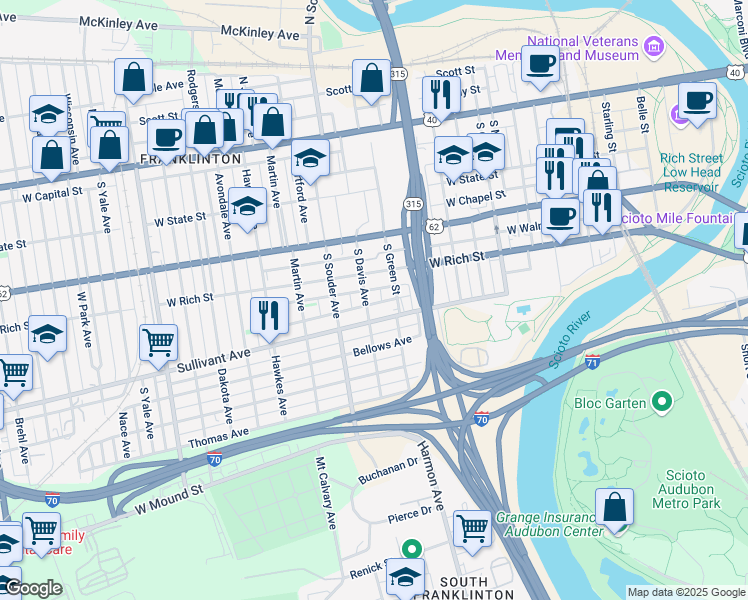map of restaurants, bars, coffee shops, grocery stores, and more near 273 South Davis Avenue in Columbus