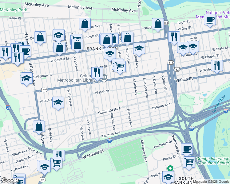 map of restaurants, bars, coffee shops, grocery stores, and more near 243 Avondale Avenue in Columbus