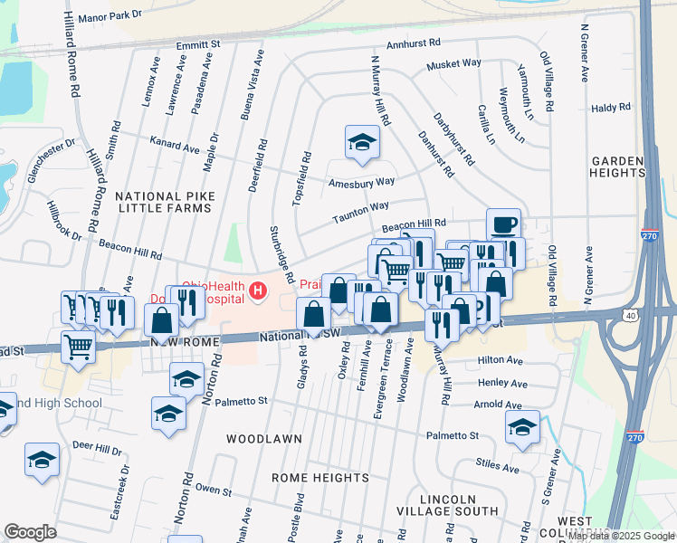 map of restaurants, bars, coffee shops, grocery stores, and more near 4979 Eastham Way in Columbus