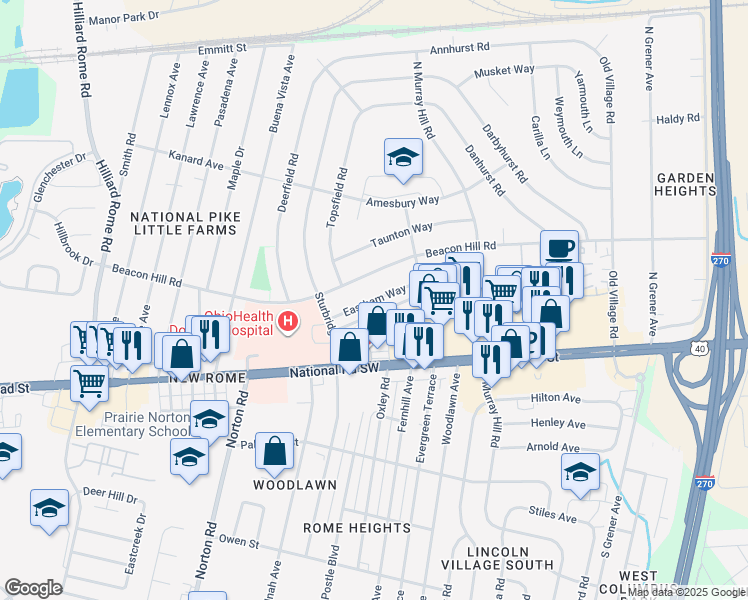 map of restaurants, bars, coffee shops, grocery stores, and more near 4979 Eastham Way in Columbus