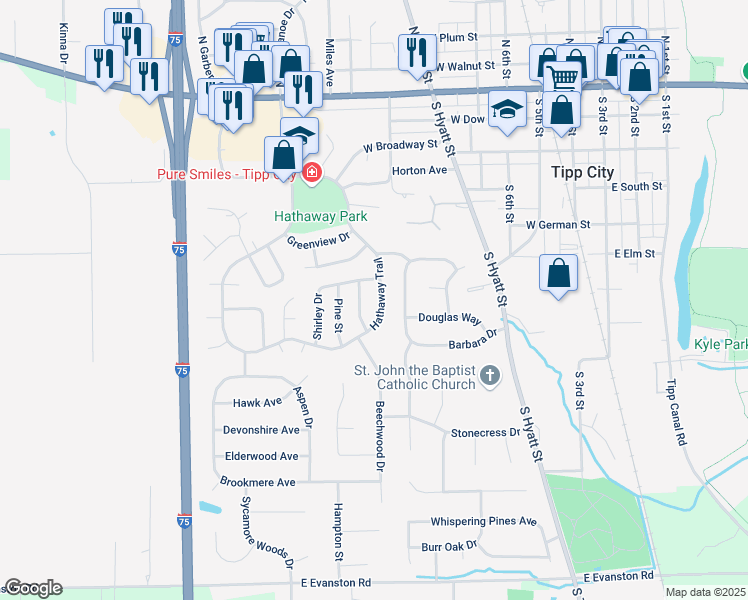 map of restaurants, bars, coffee shops, grocery stores, and more near 560 Poplar Drive in Tipp City