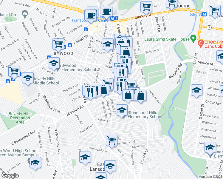map of restaurants, bars, coffee shops, grocery stores, and more near 347 Maypole Road in Upper Darby