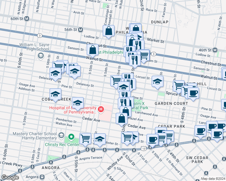 map of restaurants, bars, coffee shops, grocery stores, and more near 5308 Delancey Street in Philadelphia