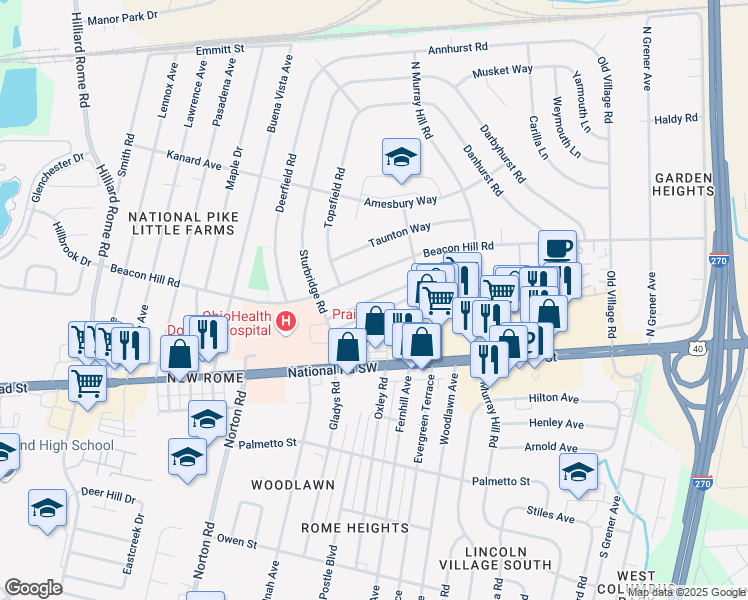 map of restaurants, bars, coffee shops, grocery stores, and more near 4918 Eastham Way in Columbus