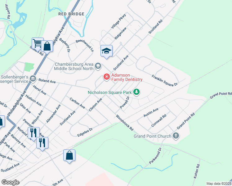 map of restaurants, bars, coffee shops, grocery stores, and more near 1941 Ashley Drive in Chambersburg