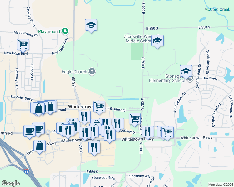 map of restaurants, bars, coffee shops, grocery stores, and more near 6712 Restoracy Drive in Whitestown