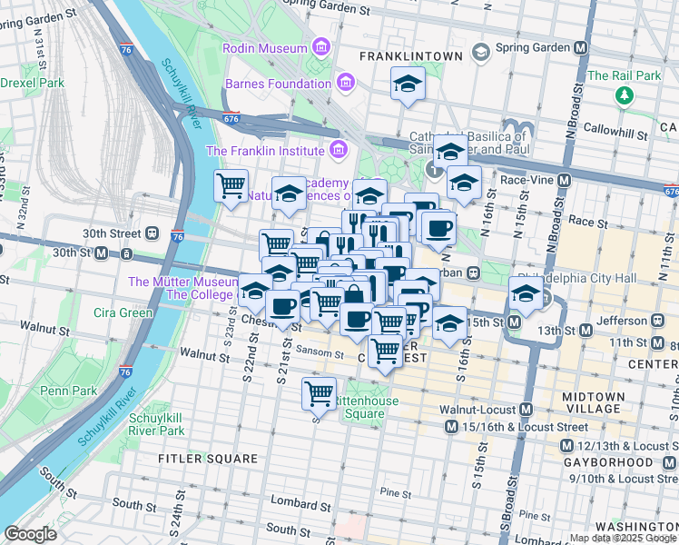 map of restaurants, bars, coffee shops, grocery stores, and more near Commerce Street in Philadelphia