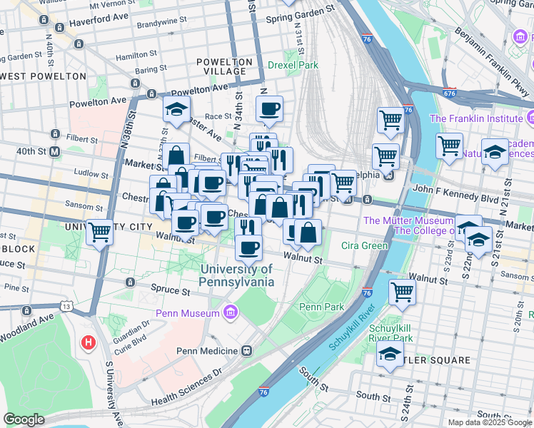 map of restaurants, bars, coffee shops, grocery stores, and more near 3245 Chestnut Street in Philadelphia