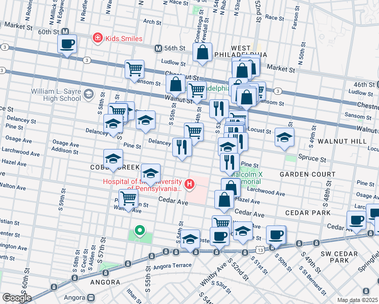 map of restaurants, bars, coffee shops, grocery stores, and more near 5405 Pine Street in Philadelphia