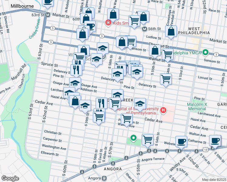 map of restaurants, bars, coffee shops, grocery stores, and more near 5728 Osage Avenue in Philadelphia