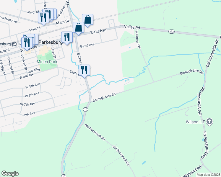 map of restaurants, bars, coffee shops, grocery stores, and more near 261 South Church Street in Parkesburg