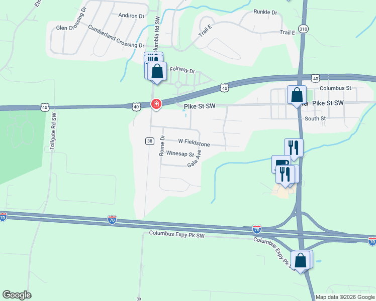 map of restaurants, bars, coffee shops, grocery stores, and more near 112 Winesap Street in Pataskala