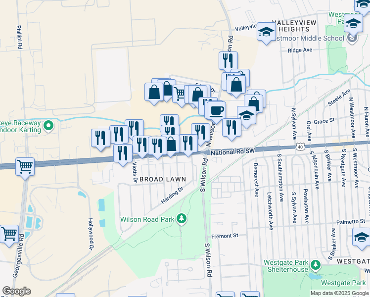 map of restaurants, bars, coffee shops, grocery stores, and more near 3610 West Broad Street in Columbus