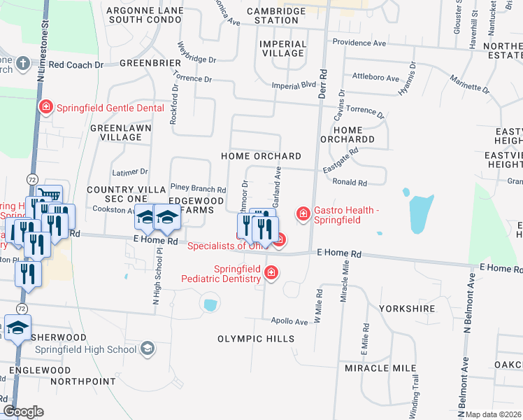 map of restaurants, bars, coffee shops, grocery stores, and more near 1041 Fruitland Road in Springfield