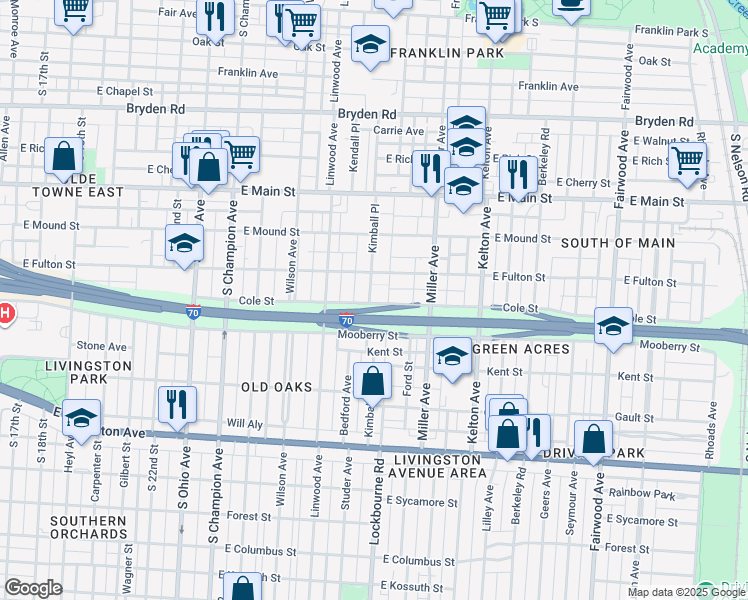 map of restaurants, bars, coffee shops, grocery stores, and more near 586 Kimball Place in Columbus