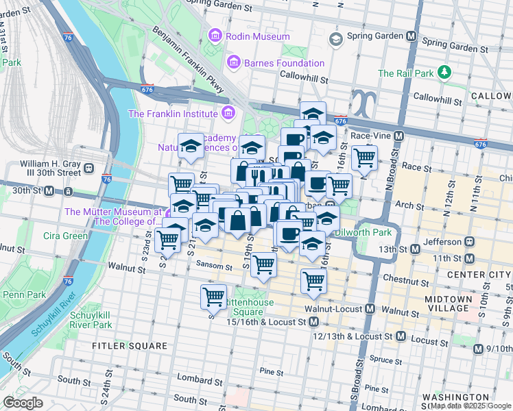 map of restaurants, bars, coffee shops, grocery stores, and more near 1901 John F Kennedy Boulevard in Philadelphia