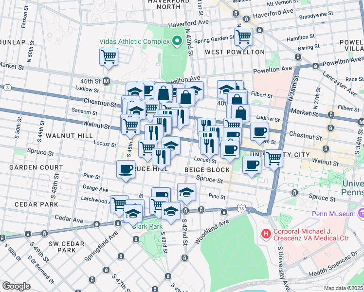 map of restaurants, bars, coffee shops, grocery stores, and more near 201 Saint Marks Square in Philadelphia