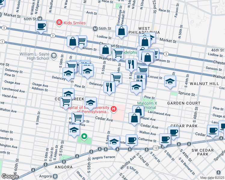 map of restaurants, bars, coffee shops, grocery stores, and more near 5411 Pine Street in Philadelphia