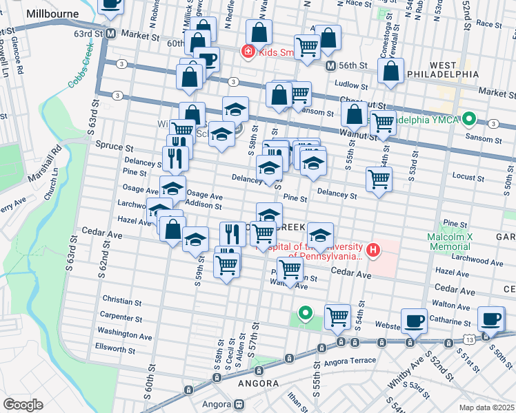 map of restaurants, bars, coffee shops, grocery stores, and more near 5732 Osage Avenue in Philadelphia