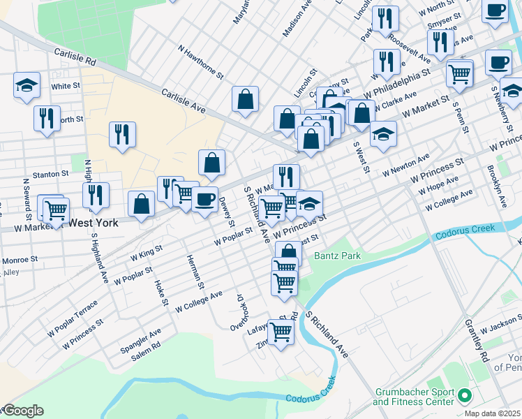 map of restaurants, bars, coffee shops, grocery stores, and more near 101 South Richland Avenue in York