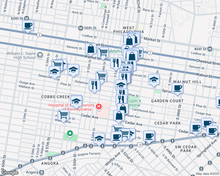 map of restaurants, bars, coffee shops, grocery stores, and more near 5312 Delancey Street in Philadelphia