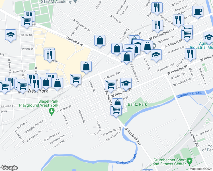 map of restaurants, bars, coffee shops, grocery stores, and more near 105 South Richland Avenue in York