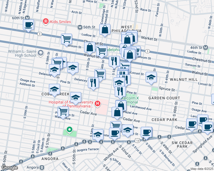 map of restaurants, bars, coffee shops, grocery stores, and more near 5320 Delancey Street in Philadelphia