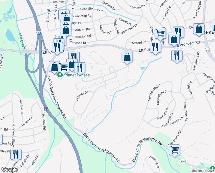 map of restaurants, bars, coffee shops, grocery stores, and more near 2724 Fairway Drive in East York