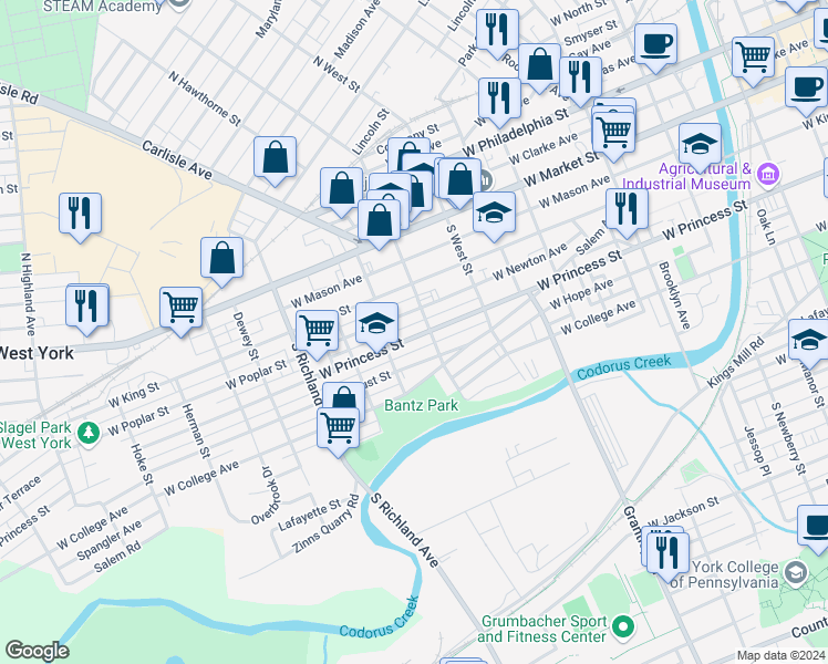 map of restaurants, bars, coffee shops, grocery stores, and more near 717 West Princess Street in York