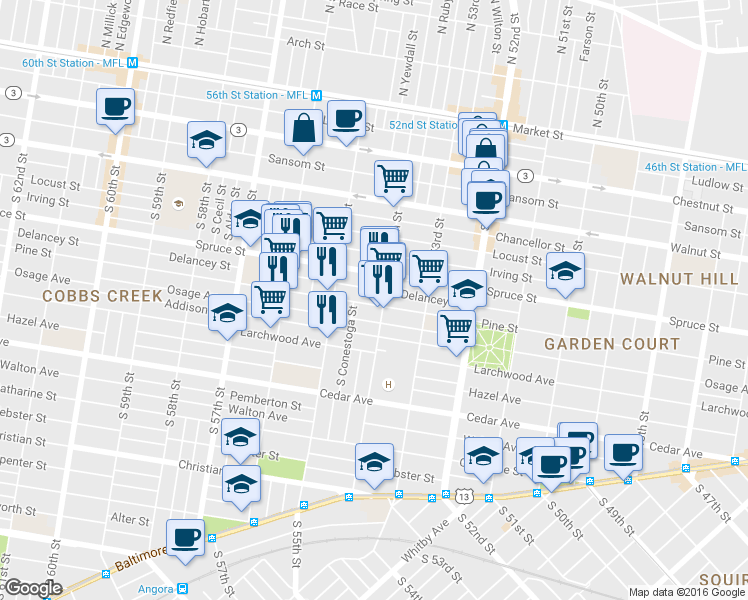 map of restaurants, bars, coffee shops, grocery stores, and more near 5411 Pine Street in Philadelphia