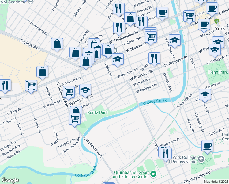 map of restaurants, bars, coffee shops, grocery stores, and more near 602 Salem Avenue in York