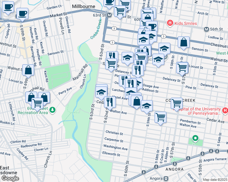 map of restaurants, bars, coffee shops, grocery stores, and more near 6148 Larchwood Avenue in Philadelphia