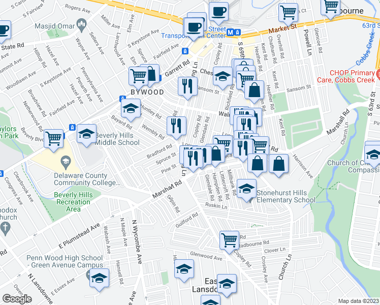 map of restaurants, bars, coffee shops, grocery stores, and more near 314 Copley Road in Delaware County