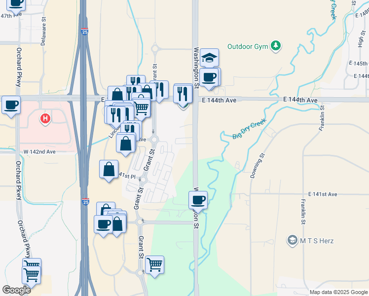 map of restaurants, bars, coffee shops, grocery stores, and more near 14201 Washington St in Broomfield