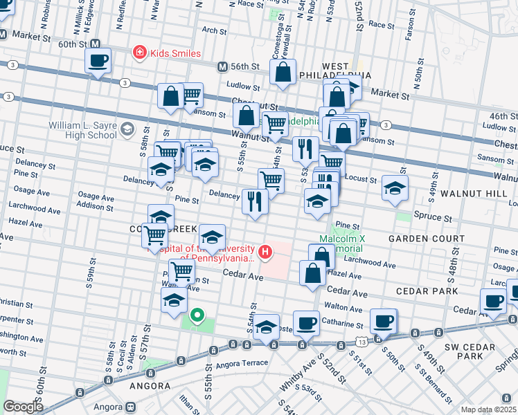 map of restaurants, bars, coffee shops, grocery stores, and more near 5419 Pine Street in Philadelphia