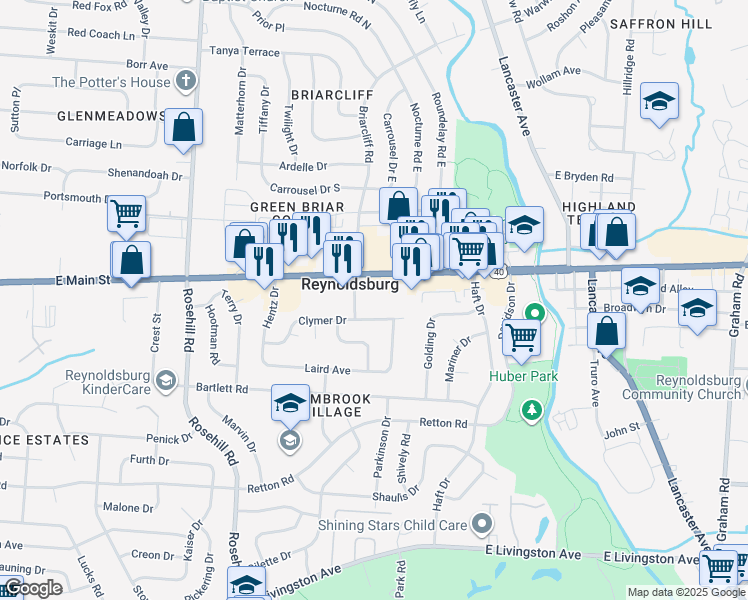 map of restaurants, bars, coffee shops, grocery stores, and more near 1366 Briarcliff Road in Reynoldsburg