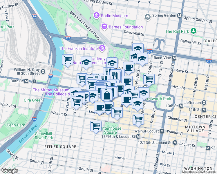 map of restaurants, bars, coffee shops, grocery stores, and more near 1900 John F Kennedy Boulevard in Philadelphia