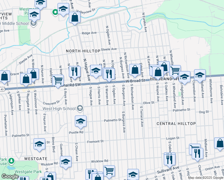 map of restaurants, bars, coffee shops, grocery stores, and more near 50 South Warren Avenue in Columbus